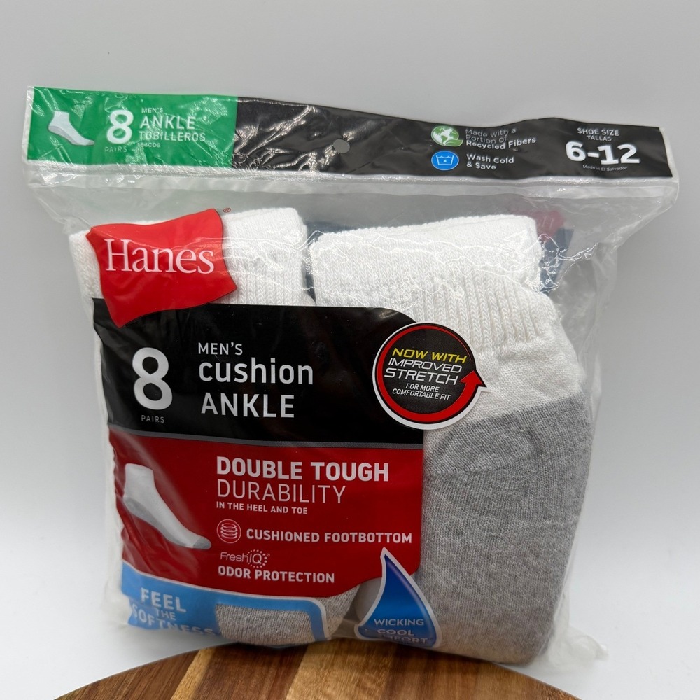 Hanes Men's 8 Pair Cushion Ankle Socks Size 6-12 White Grey 2644